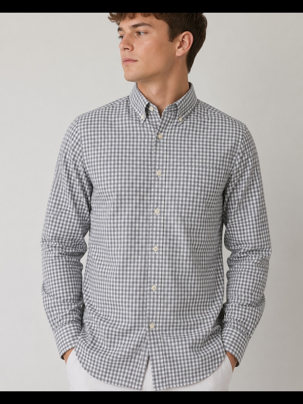 Merona Men's Gray White Gingham Button-Up Shirt Size Small 100% Cotton Long Slee